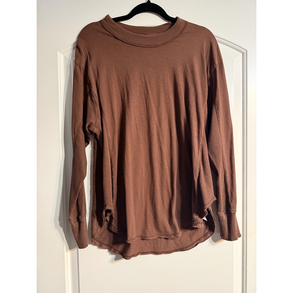 Aerie Long Sleeve Top Small Brown Ribbed Mixed Media Relaxed Oversized Gorpcore